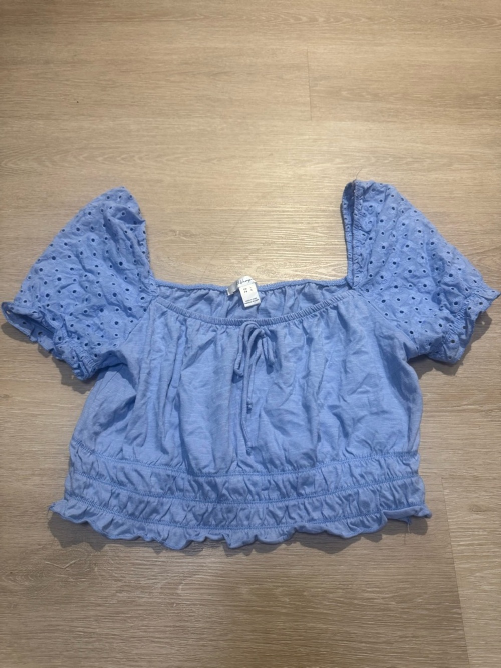 Revamped Sky Blue Eyelet Puff-Sleeve Crop Top